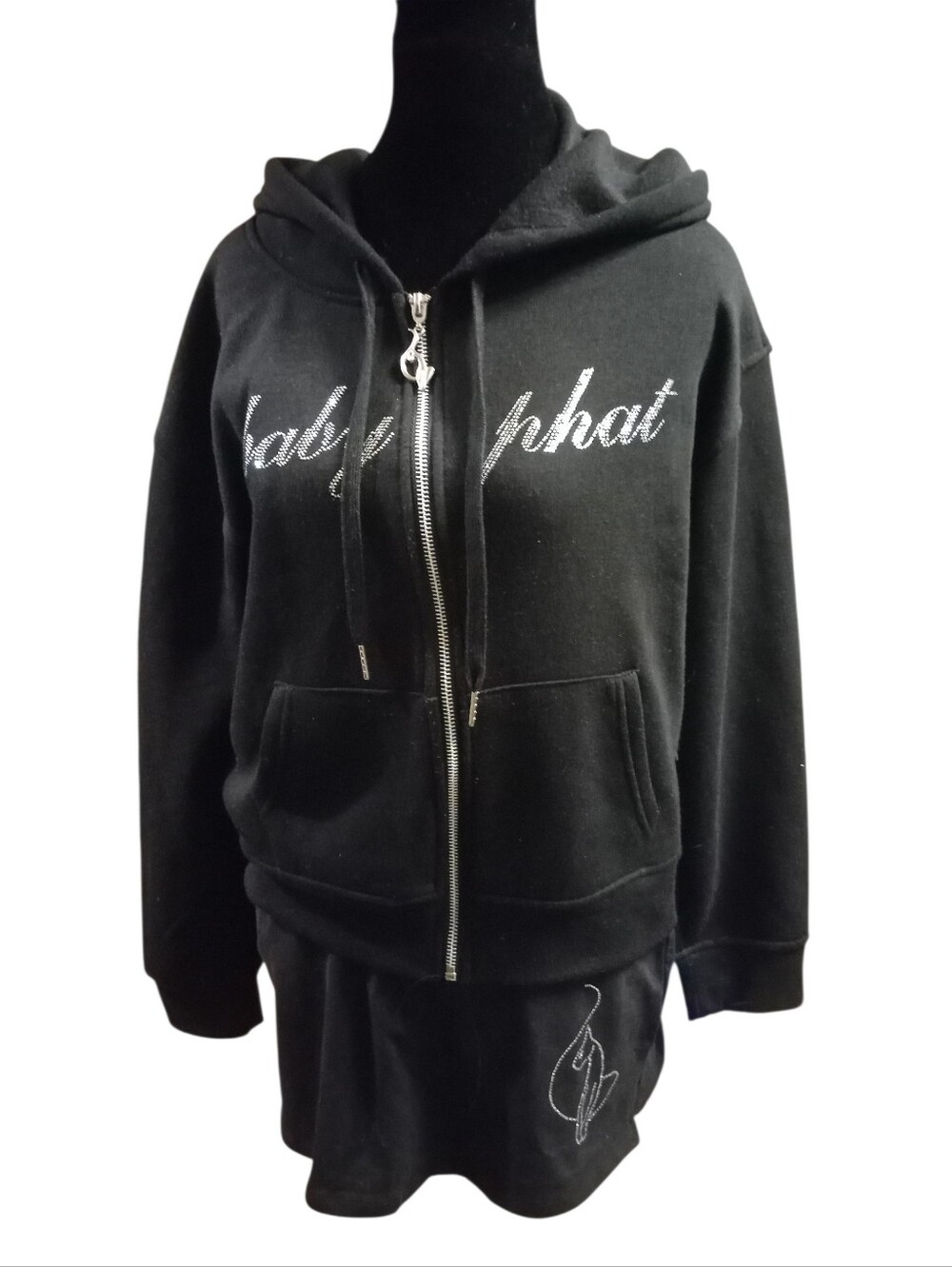 Baby Phat Black Rhinestone Script Zip-Up Hoodie And Skort, NWT